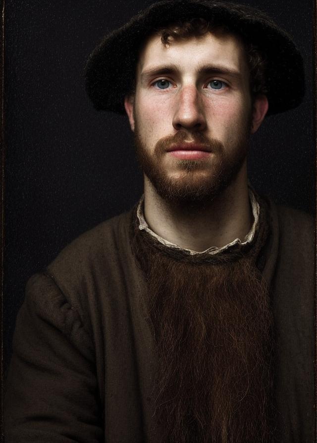 Artificial Intelligence (AI) generated image art, (portrait) of ... as Holland peasant, poor ambiance,  (realistic face features) detailed eyes, (dark mysterious light)  (old atmosphere) (fields on the background, 1600 year)