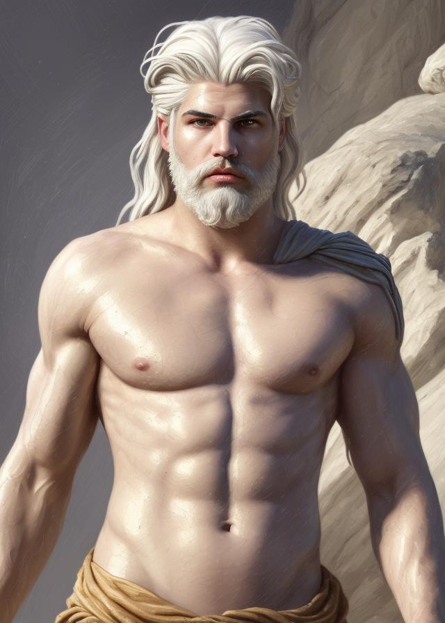 Artificial Intelligence (AI) generated image art, painted portrait of ... as rugged zeus, god of thunder, greek god, white hair, masculine, powerful, handsome, opulent, upper body, white robe, muscular, hairy torso, fantasy, intricate, elegant, highly detailed, digital painting, artstation, concept art, smooth, sharp focus, illustration, art by gaston bussiere and magali villeneuve