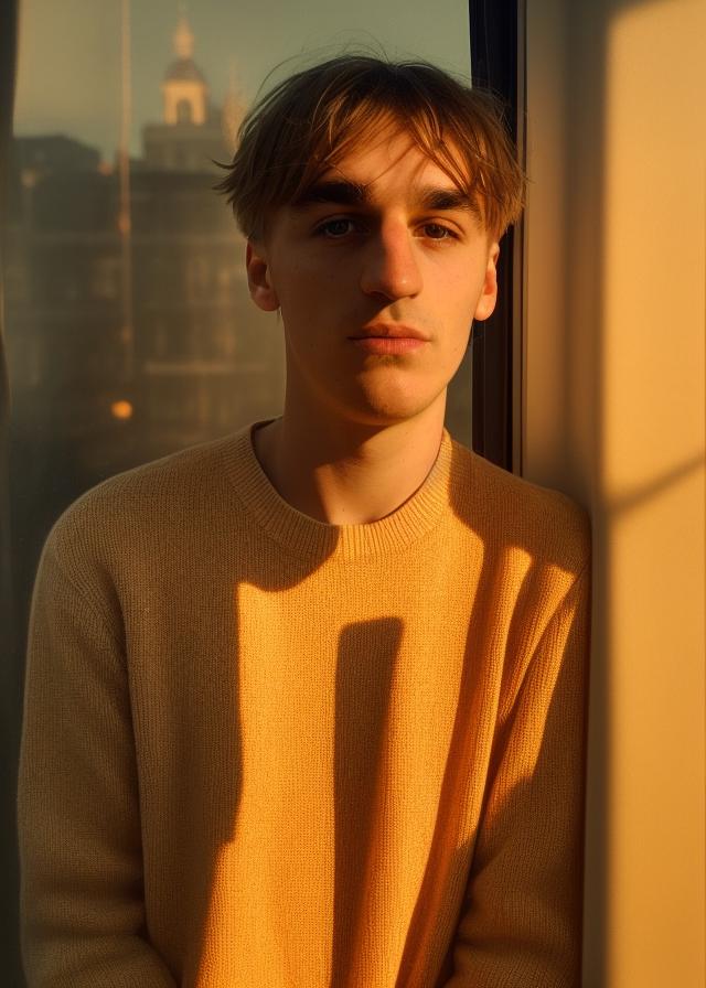 Artificial Intelligence (AI) generated image art, ..., portrait, old polaroid photo, golden hour, small old window with sunset, bathed in orange light, dreamy and gloomy atmosphere, detailed face, highly detailed, 8k