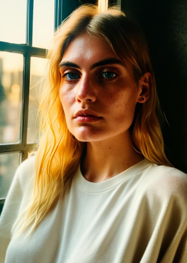 Artificial Intelligence (AI) generated image art, ..., portrait, camera photo, golden hour, small old window with sunset, bathed in orange light, (glowing skin) (highly detailed and natural eyes) dreamy and gloomy atmosphere, detailed face, highly detailed, 8k\"
