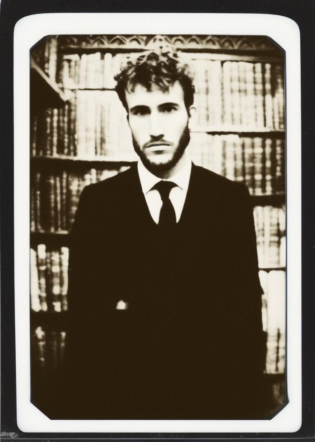 Artificial Intelligence (AI) generated image art, old polaroid photo (portrait) of ... wearing vintage, at a  (gothic library) , detailed eyes,  detailed face features, detailed skin features, (mysterious light)