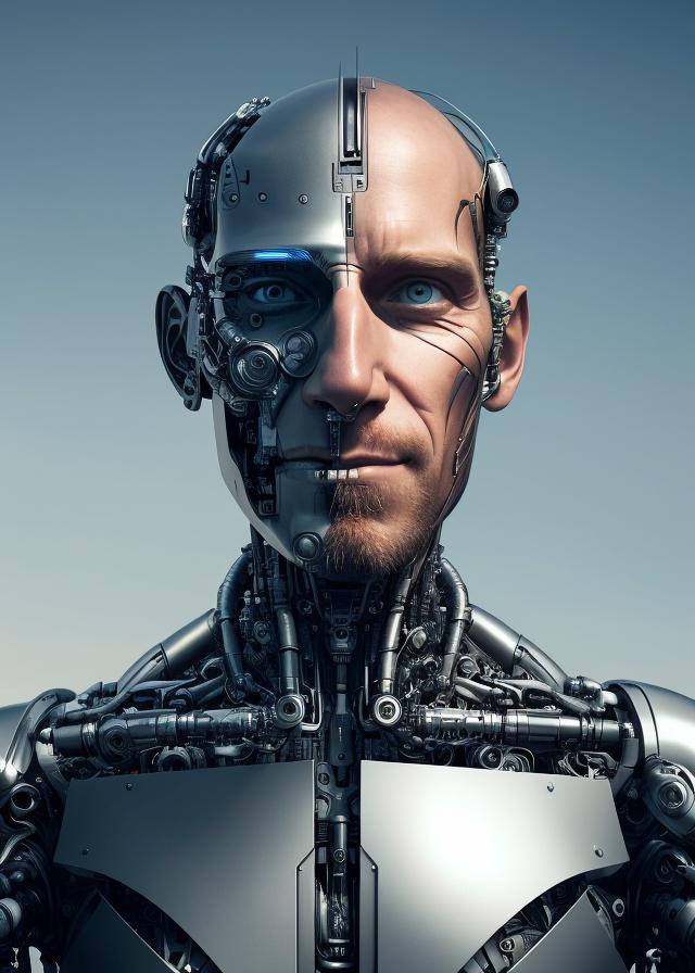 Artificial Intelligence (AI) generated image art, ... Portrait. A cyborg man, half robot, half man. peaceful, digital art. High resolution, extremely detailed. Next level conceptual. 8k. ((realistic)) ((imagined)) (((fantastical)))