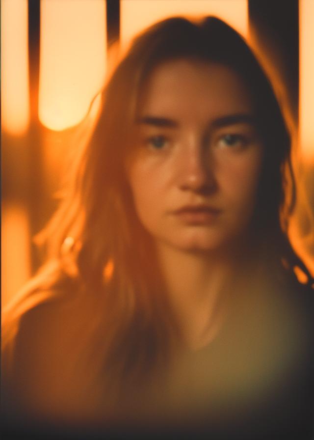 Artificial Intelligence (AI) generated image art, ..., portrait, old polaroid photo, golden hour, small old window with sunset, bathed in orange light, (highly detailed and natural eyes) dreamy and gloomy atmosphere, detailed face, highly detailed, 8k