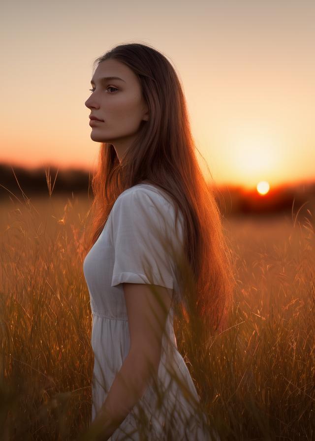 Artificial Intelligence (AI) generated image art, ..., side portrait, in tall grass, Shot on Hasselblad H6D-400c lens, ultra high definition, ultra-realism, ultra realistic, young, handsome, beautiful lady, red sunset