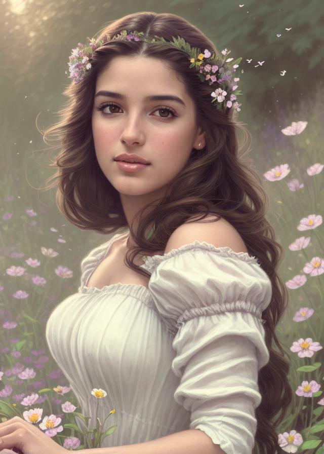 Artificial Intelligence (AI) generated image art, ..., ((portrait)), beautiful brown haired fairy princess, highly detailed illustration, in a garden holding a bunch of wild flowers, deep focus, d & d, fantasy, intricate, elegant, highly detailed, digital painting, artstation, concept art, sunset, matte, sharp focus, illustration, hearthstone, art by artgerm and greg rutkowski and alphonse mucha and marco mazzoni ((portrait)), beautiful brown haired fairy princess, highly detailed illustration, in a garden holding a bunch of wild flowers, deep focus, d & d, fantasy, intricate, elegant, highly detailed, digital painting, artstation, concept art, sunset, matte, sharp focus, illustration, hearthstone, art by artgerm and greg rutkowski and alphonse mucha and marco mazzoni