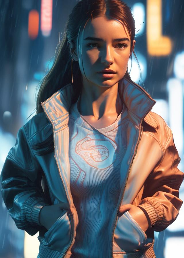 Artificial Intelligence (AI) generated image art, ((...)) beautiful woman in Bladerunner 2049, walking in cool jacket, by Derek Gores, ((close up)), by Josan Gonzalez and Tomer Hanuka and Geof Darrow and Brad Rigney and  Greg Rutkowski,highly detailed, UHD, 8K, Ghost in the shell, Blade Runner, Trending on artstation, bokh, dof