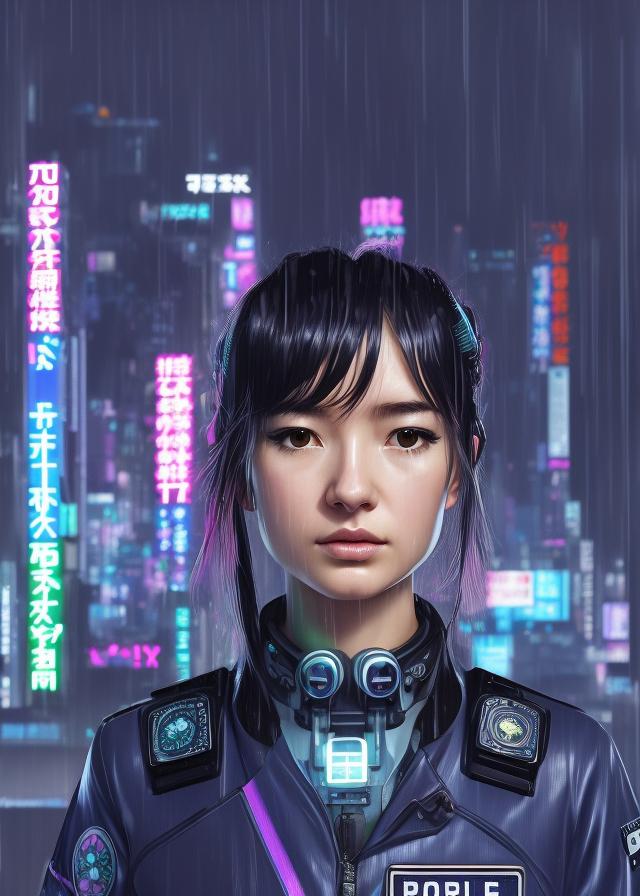 Artificial Intelligence (AI) generated image art, ... portrait futuristic kawaii cyberpunk police in heavy raining futuristic tokyo rooftop cyberpunk