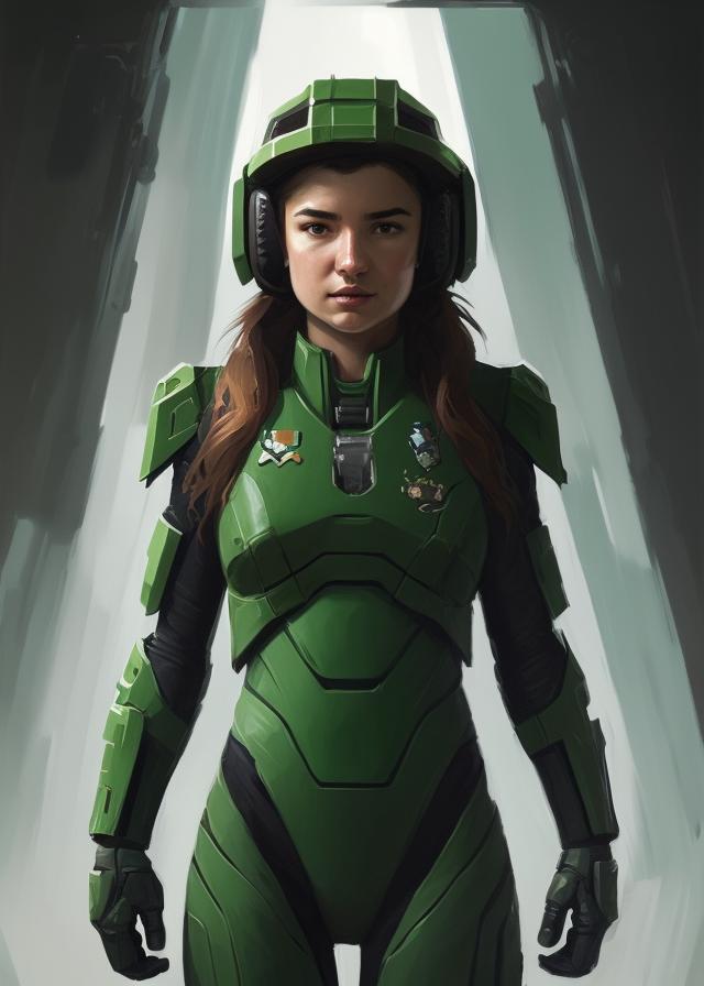 Artificial Intelligence (AI) generated image art, ... in the green master chief suit, portrait, game concept art, art by greg rutkowski, face