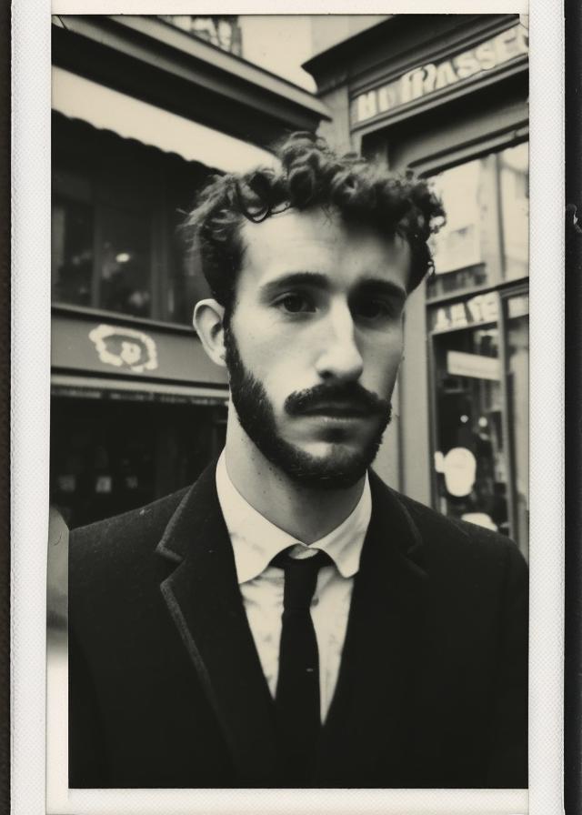 Artificial Intelligence (AI) generated image art, (portrait) of ... as a french man (from 1920), shoot on old polaroid camera, (realistic face features) detailed eyes, ((Parisian street with vintage shops at the background))