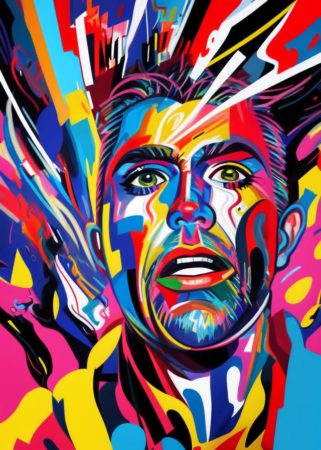 Artificial Intelligence (AI) generated image art, ... A vibrant and dynamic portrait of a man, their form bursting into a myriad of abstract shapes and colors. This artwork, done in the style of Futurism and Street Art, is reminiscent of the works of Umberto Boccioni and Jean-Michel Basquiat, encapsulating the subject\'s energy and movement through vibrant splashes of color and irregular forms