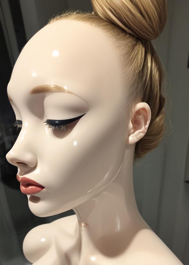 Artificial Intelligence (AI) generated image art, ..., mannequin, seams, plastic skin, joints, plastic hair, bun, blonde, makeup, glossy, shiny