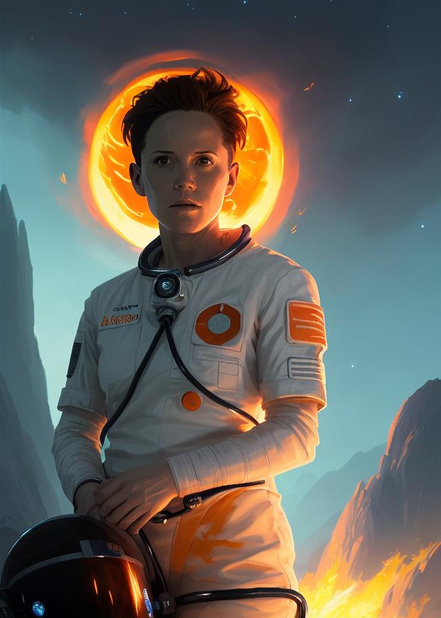 Artificial Intelligence (AI) generated image art, ..., (portrait), orange, space nurse, (((one person))), on alien fire planet, registered nursing books, books on fire, large stack of books on fire in background, concept art, by Greg Rutkowski, blue sunset, highly detailed, close up, epic