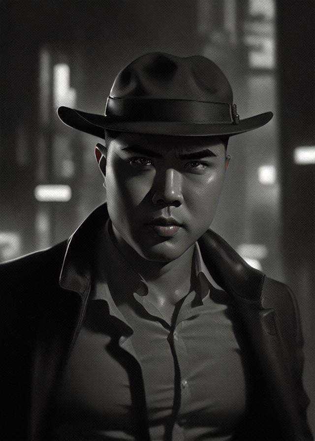 Artificial Intelligence (AI) generated image art, ..., as noir detective, Single face, dramatic lighting, cinematic, establishing shot, extremly high detail, photo realistic, cinematic lighting, post processed, concept art, artstation, matte painting, style by eddie mendoza, raphael lacoste, alex ross, handsome