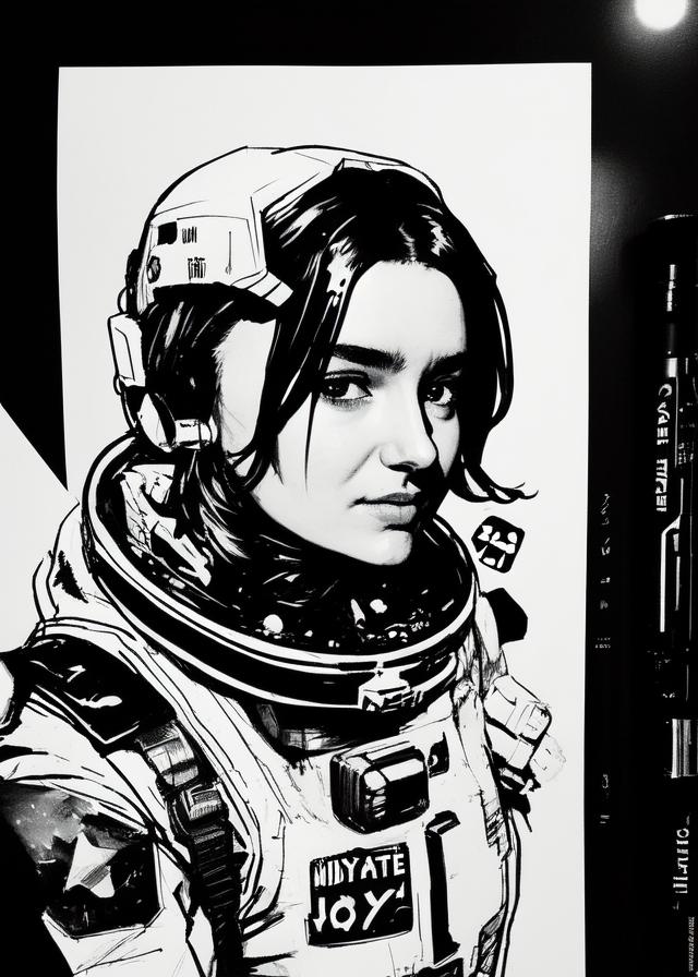 Artificial Intelligence (AI) generated image art, ..., portrait, as space soldier, on the moon, yoji shinkawa, b&w, ink drawing, ink, manga, concept art