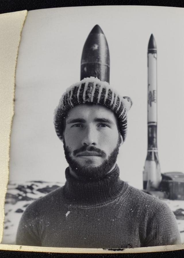 Artificial Intelligence (AI) generated image art, ... wearing winter hat, ((portrait)) very old Antarctic expedition photo, 100-year old photo, b&w photo, cracks in photo, slightly damaged photo, vintage photo, Antarctic landscape, ((huge Space-x rocket standing far in the background))