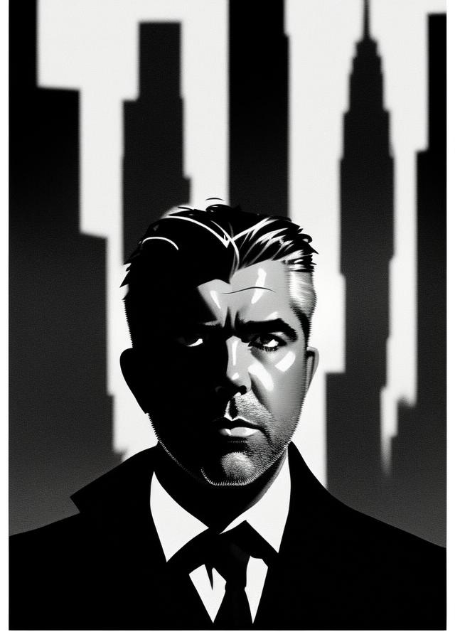 Artificial Intelligence (AI) generated image art, A captivating portrait of ..., an enigmatic spy from a bygone era, caught in a noir moment, his silhouette striking against the stark monochrome cityscape. Rendered in a style reminiscent of film noir and graphic novels, evoking the works of Frank Miller and Robert McGinnis, this piece is a snapshot of mystery and intrigue