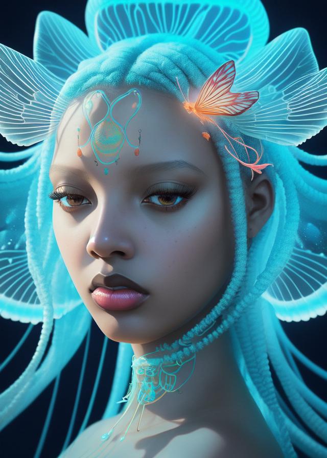Artificial Intelligence (AI) generated image art, goddess portrait of ..., jellyfish butterfly phoenix head, intricate artwork by tooth wu and wlop and beeple, octane render, trending on artstation, greg rutkowski symmetrical artwork, cinematic, hyper realism, high detail, octane render, 8k, with long black hair
