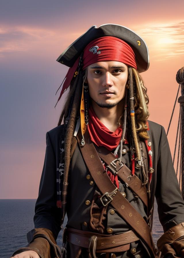 Artificial Intelligence (AI) generated image art, ... as pirate, headshot, wearing a red bandana, on a pirate ship, sunset, 4k, highly detailed, photorealistic