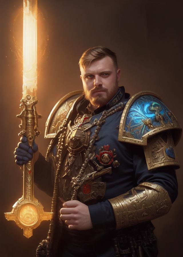 Artificial Intelligence (AI) generated image art, ..., handsome portrait of a warhammer marine posing, radiant light, caustics, war hero, psychedelic dmt, by gaston bussiere, bayard wu, greg rutkowski, giger, maxim verehin