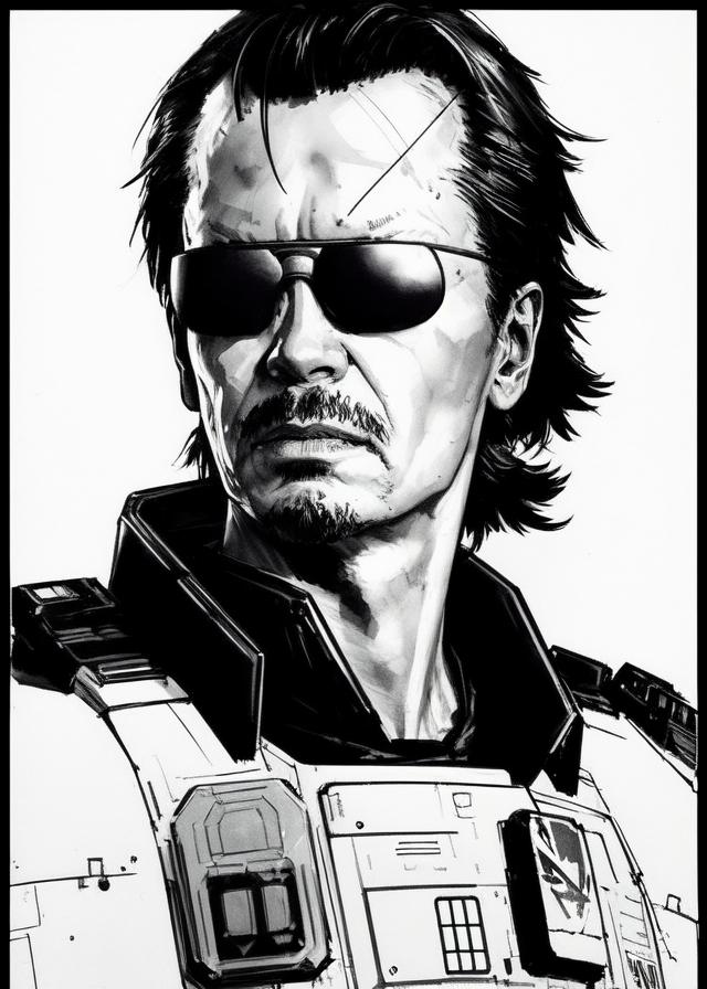 Artificial Intelligence (AI) generated image art, ..., portrait, as space soldier, yoji shinkawa, b&w, ink drawing, ink, manga, concept art