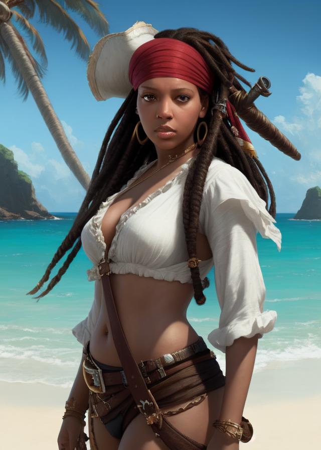 Artificial Intelligence (AI) generated image art, ... as a pirate, portrait, beach background, epic, cinematic lighting, 4k, sharp focus, art by greg rutkowski