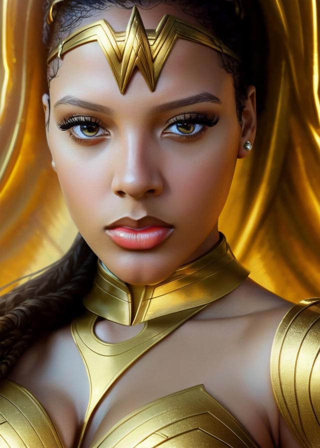 Artificial Intelligence (AI) generated image art, ..., as wonder woman, ((portrait)), elegant, photorealistic, highly detailed, artstation, smooth, gold ornaments, smooth lighting, sci-fi, art by Klimt