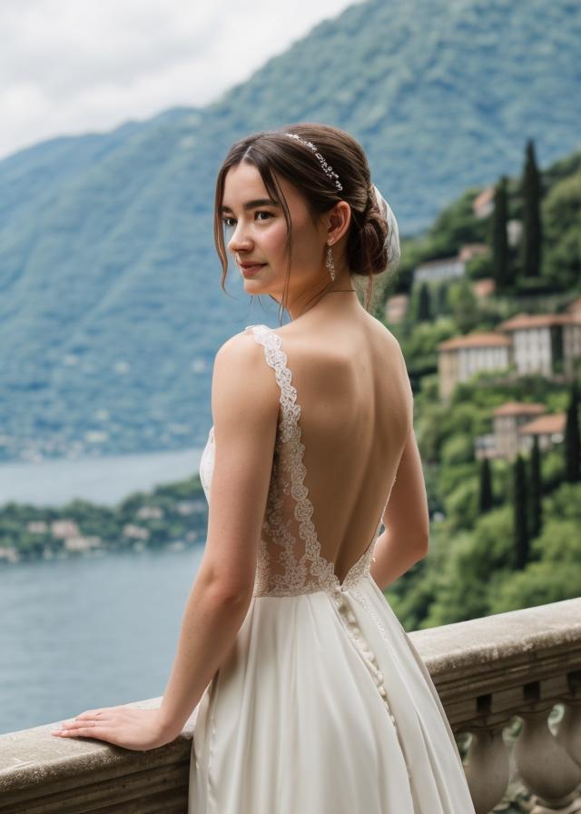 Artificial Intelligence (AI) generated image art, ... old money aesthetic, in backless wedding dress, at wedding ceremony at Lake Como, cinematic lighting, highly detailed, 8K