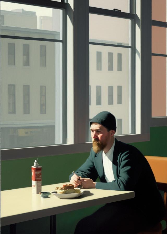 Artificial Intelligence (AI) generated image art, ..., as a man with a beard in a 1950s style diner sitting alone by the window, parked cars outside, painting by edward hopper