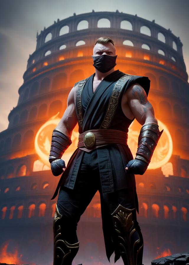 Artificial Intelligence (AI) generated image art, ... as mortal kombat fighter, portrait, coliseum background, epic, cinematic lighting, 4k, sharp focus, art by greg rutkowski