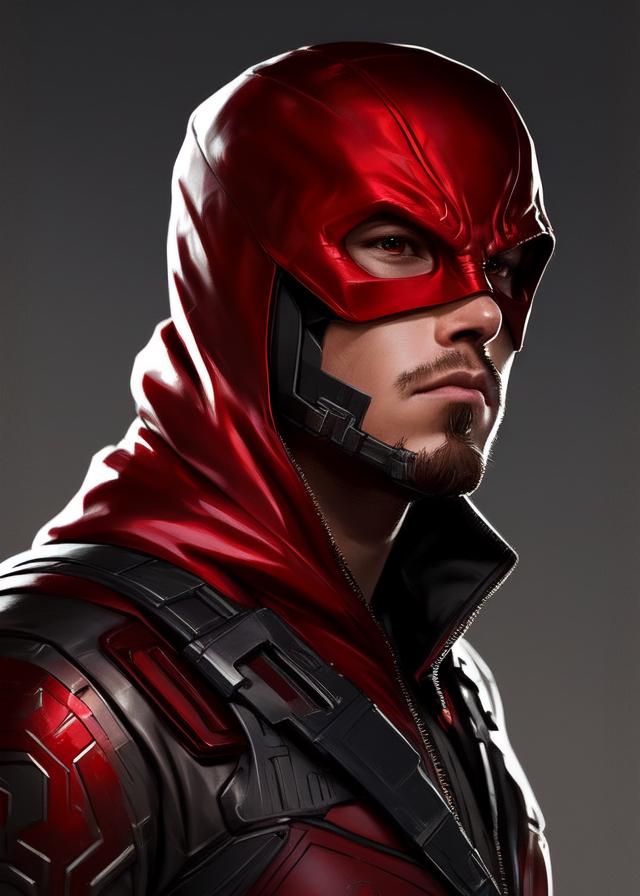 Artificial Intelligence (AI) generated image art, Alecai, as red hood, ((portrait)), elegant, photorealistic, highly detailed, artstation, smooth, grey and red ornaments, smooth lighting, sci-fi, art by Klimt