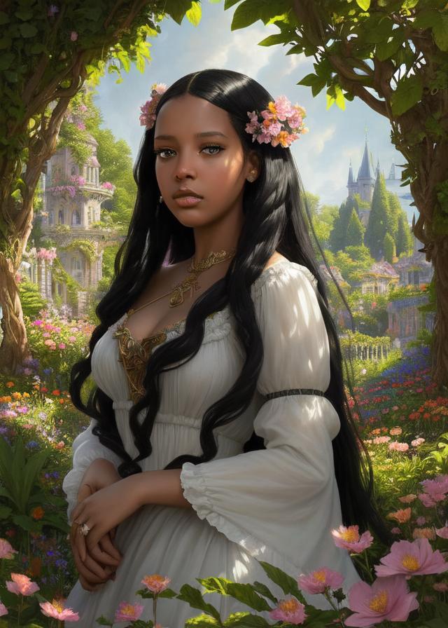 Artificial Intelligence (AI) generated image art, ..., ((portrait)), beautiful black haired fairy princess, highly detailed illustration, in a garden holding a bunch of wild flowers, deep focus, d & d, fantasy, intricate, elegant, highly detailed, digital painting, artstation, concept art, sunset, matte, sharp focus, illustration, hearthstone, art by artgerm and greg rutkowski and alphonse mucha and marco mazzoni