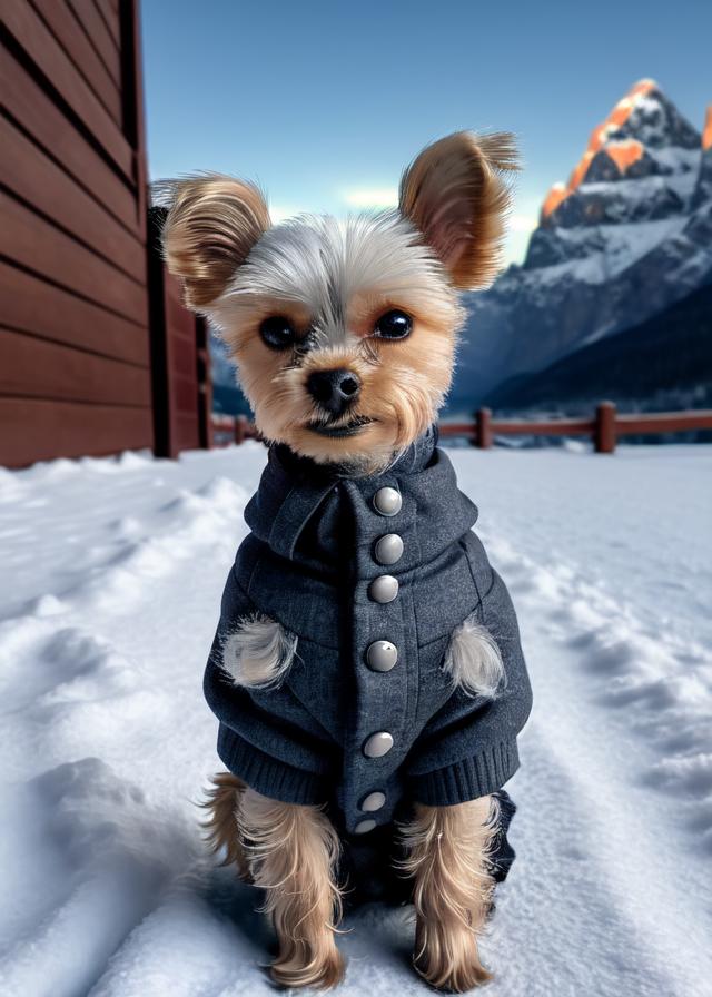 Artificial Intelligence (AI) generated image art, portrait of a cute ..., anthropomorphic, cinematic lighting, snowy mountains