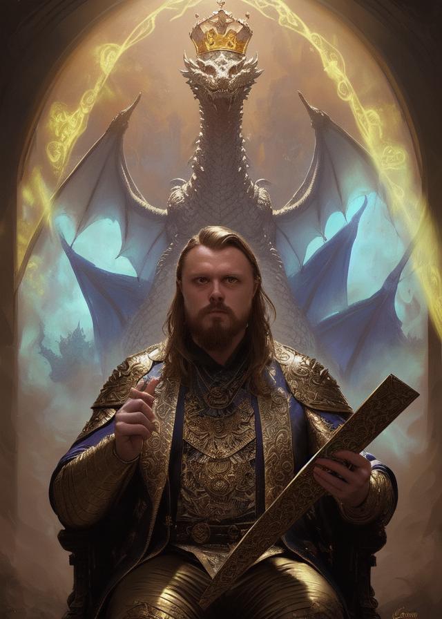 Artificial Intelligence (AI) generated image art, ..., portrait of a king with a dragon, dnd, radiant light, caustics, battle hardened, psychedelic dmt, by gaston bussiere, bayard wu, greg rutkowski, giger, maxim verehin