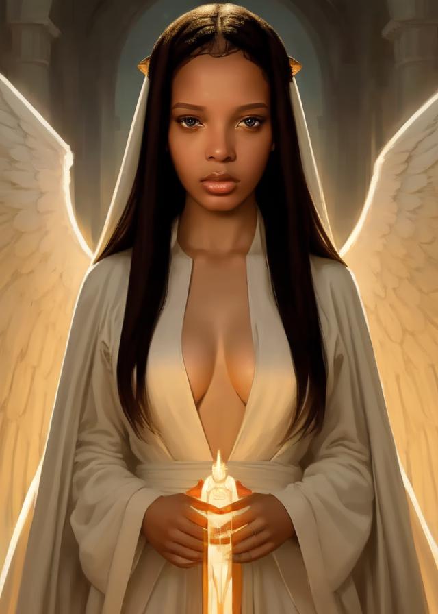 Artificial Intelligence (AI) generated image art, ... as an angel in robes, portrait, female, art by greg rutkowski, face, two symmetrical wings