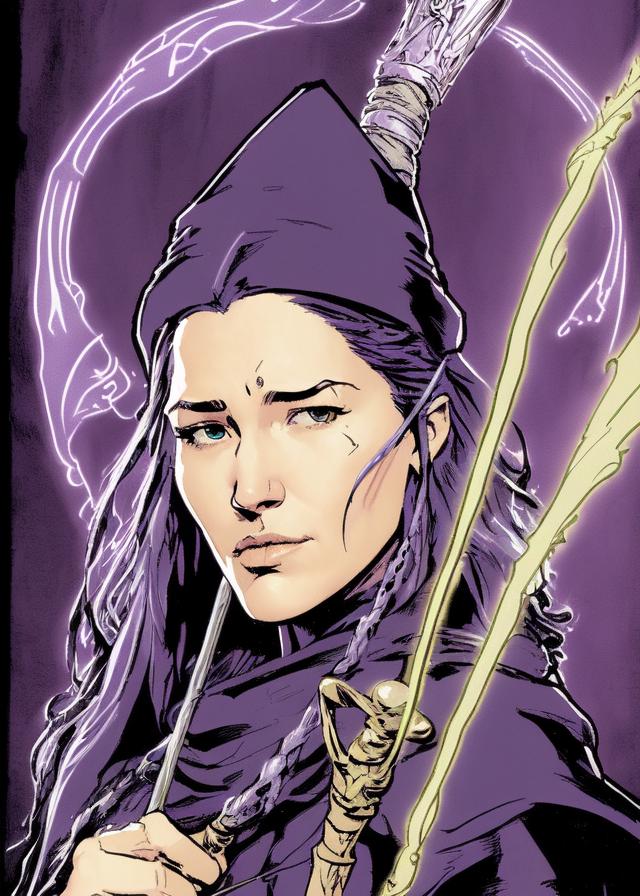 Artificial Intelligence (AI) generated image art, ..., female fantasy handsome wizard with staff, casting magic, close up, 2d colored vector artstyle, ((art by Jonathan Hickman)), colored, ((art by Mike Mignola, Fiona Staples, Bill Sienkiewicz, Moebius, P. Craig Russell, Walter Simonson))