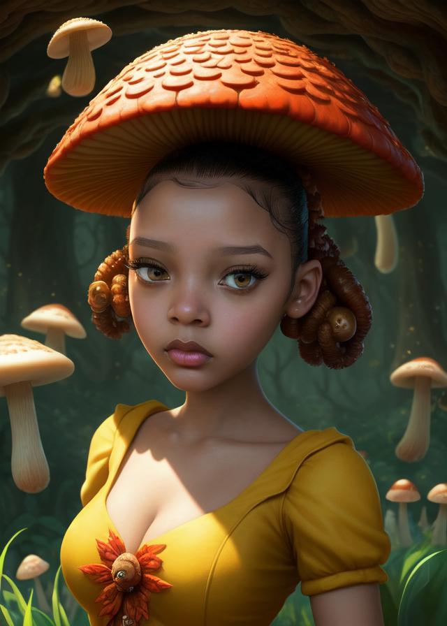 Artificial Intelligence (AI) generated image art, ..., An epic fantasy comic book style portrait painting of an extremely cute and adorable very beautiful mushroom girl, character design by Mark Ryden and Pixar and Hayao Miyazaki, unreal 5, DAZ, hyperrealistic, octane render, cosplay, RPG portrait, dynamic lighting, intricate detail, harvest fall vibrancy, cinematic