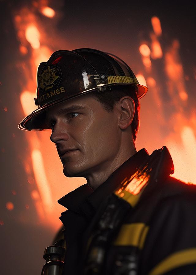 Artificial Intelligence (AI) generated image art, ..., portait, as firefighter, art by greg rutkowski, ((bokeh fire))