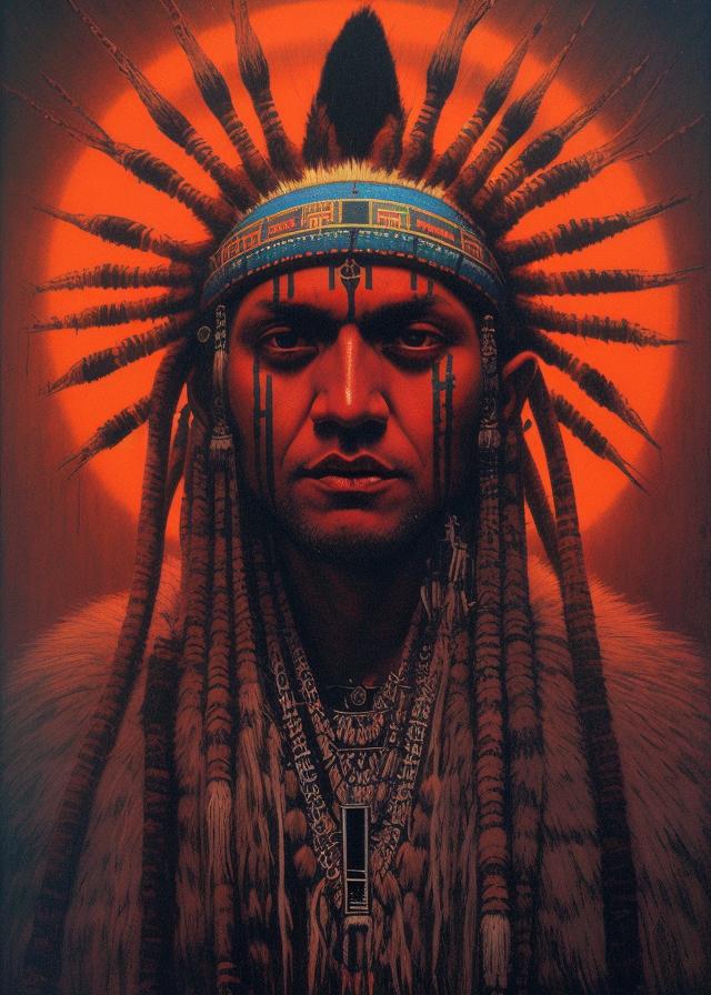 Artificial Intelligence (AI) generated image art, \"portrait of, (...) as a futuristic tribal chief, insibidi symbols, symmetrical, dramatic lighting, art by zdzislaw beksinski\"