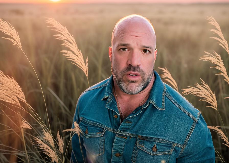 Artificial Intelligence (AI) generated image art, ..., portrait, wearing hippie clothing, in tall grass, Shot on Hasselblad H6D-400c lens, ultra high definition, ultra-realism, ultra realistic, handsome, red sunset