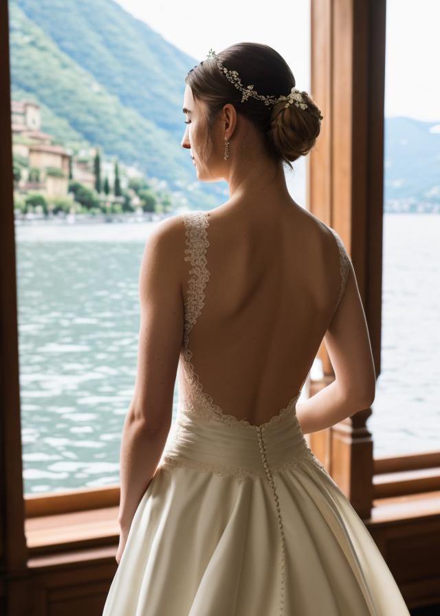 Artificial Intelligence (AI) generated image art, ... old money aesthetic, in backless wedding dress, at wedding ceremony at Lake Como, cinematic lighting, highly detailed, 8K