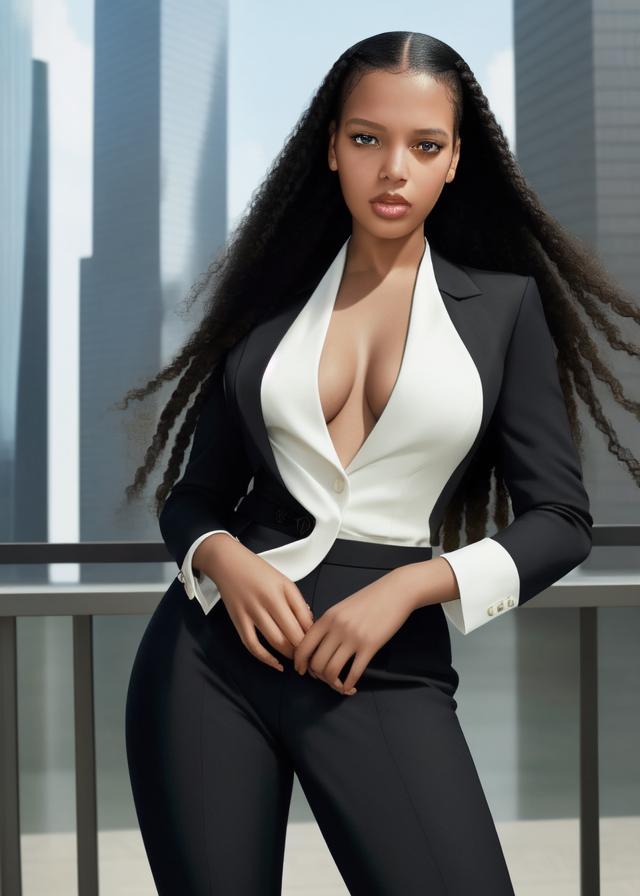 Artificial Intelligence (AI) generated image art, ..., portrait, Shot on Hasselblad H6D-400c lens, copy Sisley Spring  Summer 2014 campaign session, ultra high definition, ultra-realism, ultra realistic, young, beautiful, standing in front of skyscrapers in black business suit, with long black hair and large breasts