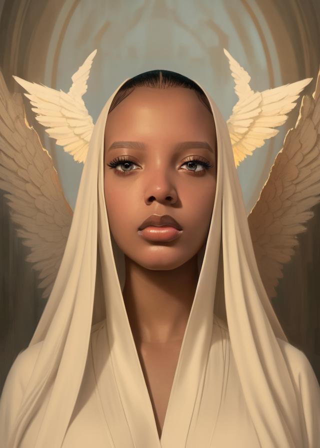 Artificial Intelligence (AI) generated image art, ... as an angel in robes, portrait, female, art by greg rutkowski, face, two symmetrical wings