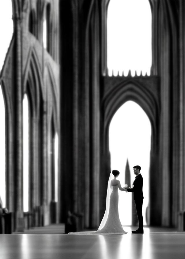 Artificial Intelligence (AI) generated image art, ..., a city in the clouds, a wedding where ... is getting married to his beautiful wife, selby is standing at the alter and she is standing there with him holding hands in hand.
