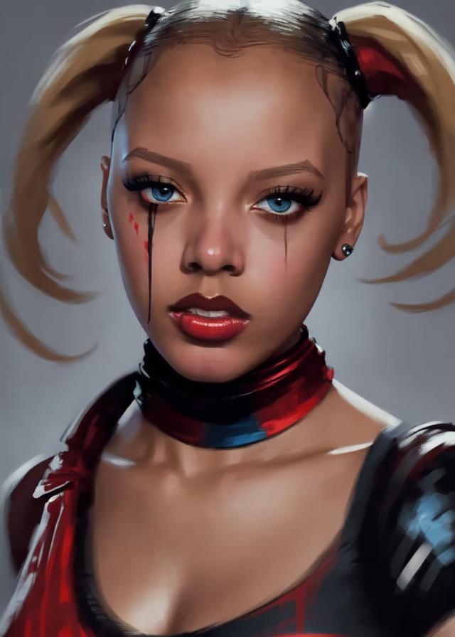 Artificial Intelligence (AI) generated image art, (...) as harley quinn, portrait, art by greg rutkowski