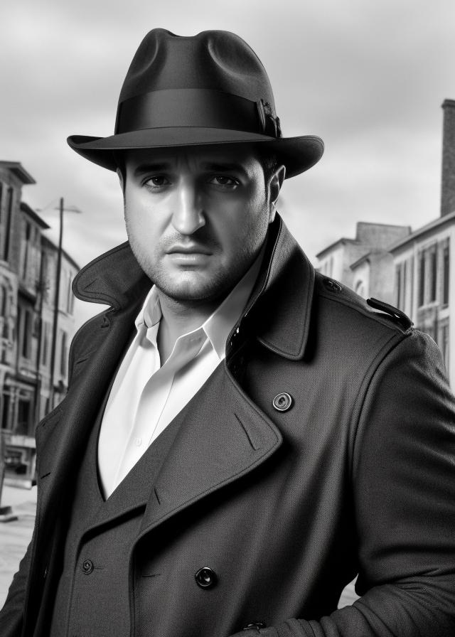 Artificial Intelligence (AI) generated image art, (portrait) of ... as a beautiful detective, wearing a fedora hat and a trench coat, detailed face features, old vintage town in the background, symmetric eyes, dramatic lighting, cinematic style by eddie mendoza, (shot on Fomapan 400), 4k