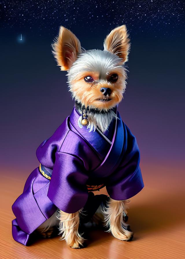 Artificial Intelligence (AI) generated image art, cute anthropomorphic samurai (...) standing in a colorful kimono, starry sky background, blue hour with purple tint, art by greg rutkowski, portrait, well lit subject, full body