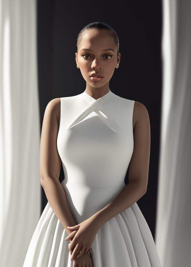 Artificial Intelligence (AI) generated image art, ... portrait, haute couture, minimalistic white adherent dress, (chiaroscuro style), photorealistic, beautiful woman, ((dark ambience)), cinematic lighting, highly detailed, sharp focus,4k
