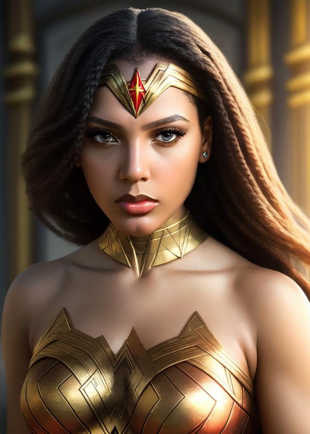 Artificial Intelligence (AI) generated image art, ..., as wonder woman, ((portrait)), elegant, photorealistic, highly detailed, artstation, smooth, gold ornaments, smooth lighting, sci-fi, art by Klimt