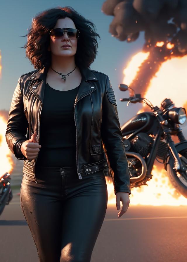 Artificial Intelligence (AI) generated image art, ..., sunglasses, leather jacket, (explosions), art by greg rutkowski, cinematic lighting, 8k, sharp focus, highly detailed, contrast