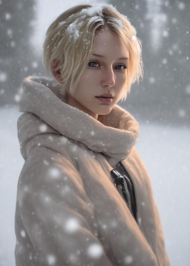 Artificial Intelligence (AI) generated image art, ..., ultra detailed, detailed, girl with short hair blonde, natural, realistic, cinematic, light, snow, asian, 8 k, exploration, cinematic, trending on artstation, realistic, 3 5 mm camera